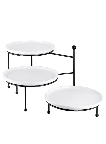 Yedio 3 Tiered Serving Stand with White Porcelain Plates, 10" Round Tray, Dessert Table Display Set, Round Dishes with Black Metal Display Stand for Veggie, Fruit, Cookies, Black