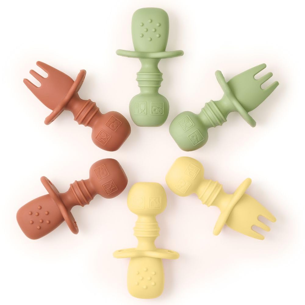 Tooshka® Baby Utensil Set (6 pcs) - Self Feeding Spoons - Silicone & BPA Free - Baby-Led Weaning (BLW) Supplies - Ages 6+ Months - Set of 6 - Brown, Green, & Yellow