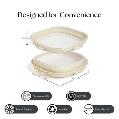 Crudités | Portable Snack Tray | Square 2-Pack | Cream White | Reversible Stretch Lid Food Containers | BPA-Free, Freezer & Dishwasher Safe | Meal-Prep, Charcuterie, Salads, Picnic, Travel