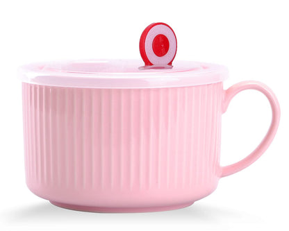 WHJY 30oz Ceramic Bowl with Lid and Handle for Soup and Instant Noodles Mug, Modern Simple Style, with Heat Preservation Handle - Pink