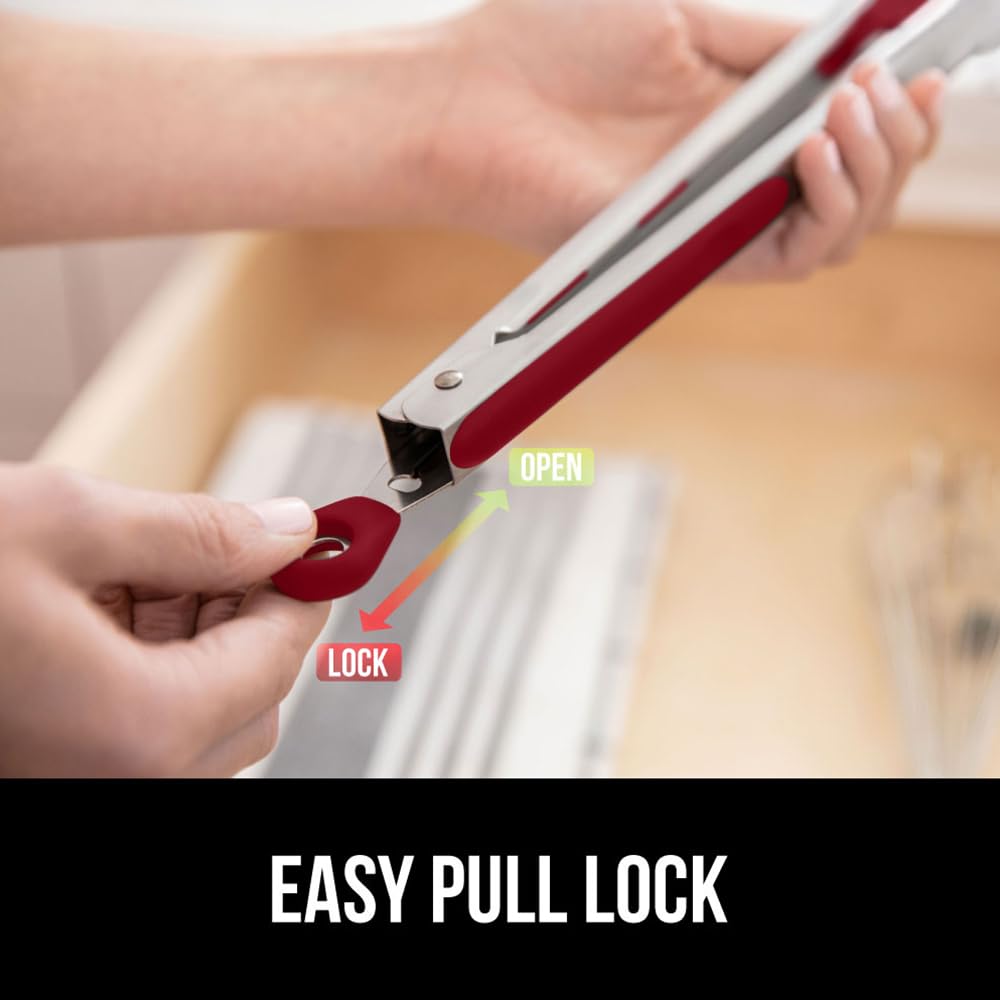 GORILLA GRIP Stainless Steel Heat Resistant Kitchen Tongs for Cooking, 9 + 12 Inch, Set of 2 BBQ Tong, Non Scratch Silicone Tip for Pan, Strong Grip, Grab Food, Toss Salad, Air Fryer, Pull Lock, Black