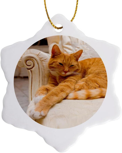 3D Rose Happy Orange Tabby Cat Relaxing on Fancy Armchair Snowflake Ornament, 3"