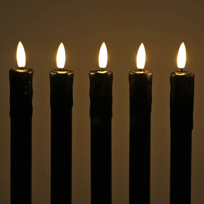 Fanna Black Flameless Taper Candles for Halloween with 2 Remotes, Real Wax Battery Operated Candles with Timer, Warm White Light, 10" Set of 6