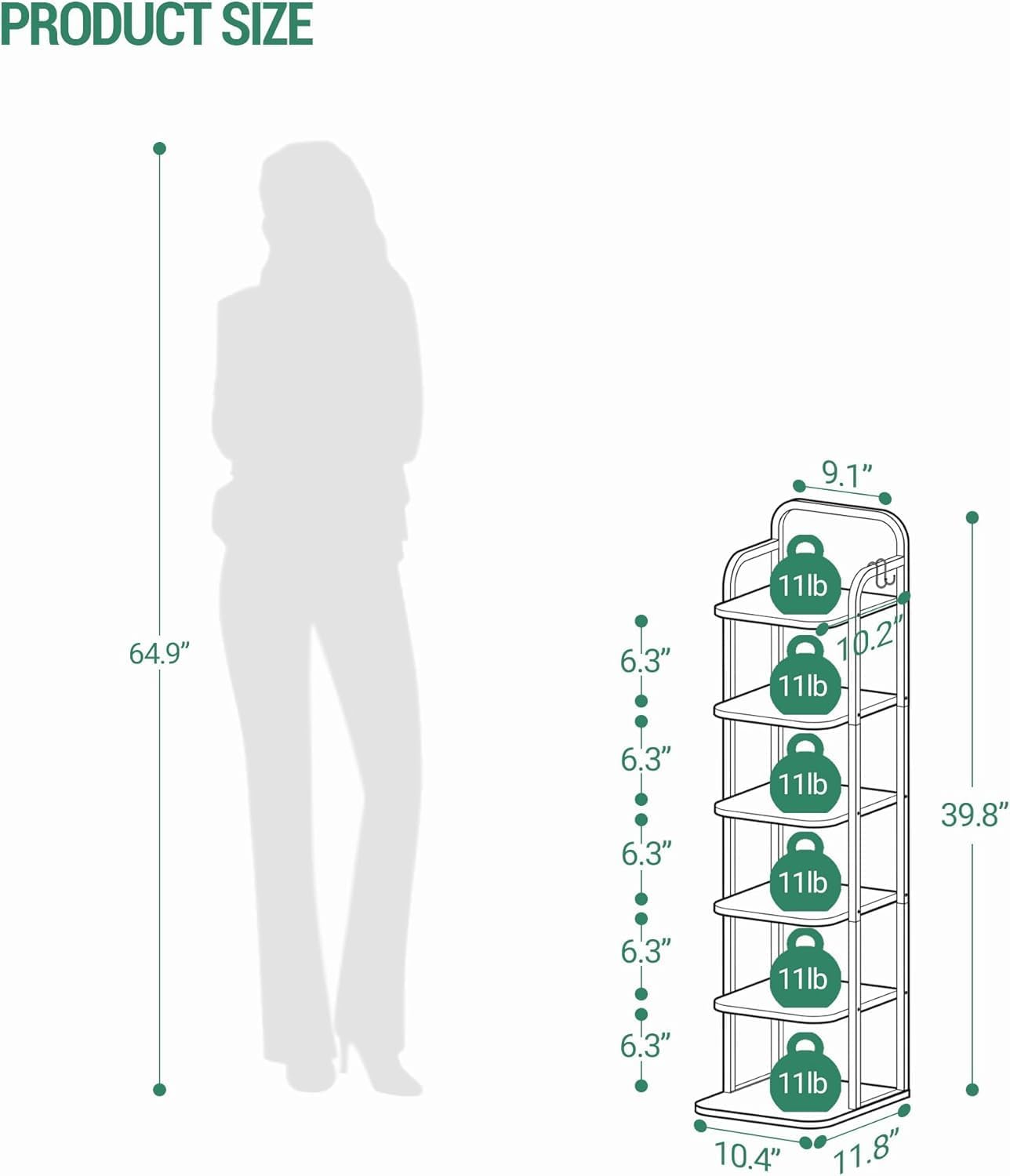 6 2 SR04213A Hzuaneri Tiers Vertical Shoe Rack, Narrow Shoe Tower, Tall Shoes Shelf with Hooks, Adjustable Shelves