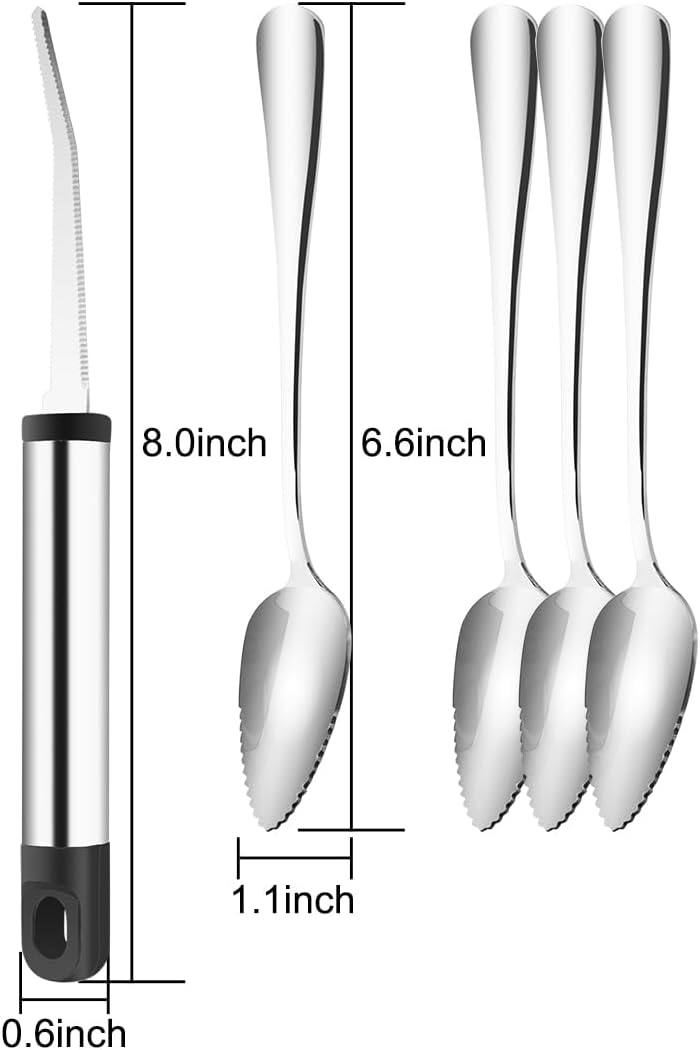 Grapefruit Utensils Set - 4pcs Stainless Steel Grapefruit Spoons and 1 Curved Knife with Serrated Edge for Citrus Fruits