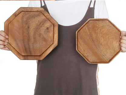 Set of 2 Acacia Wooden Trays Serving Platters Round Square Veggie Serving Tray Decor Bread Charcuterie Board Fruit Hosting Essentials Cheese Platter Vegetable Food Dish Charger Plate Charcuterie Board