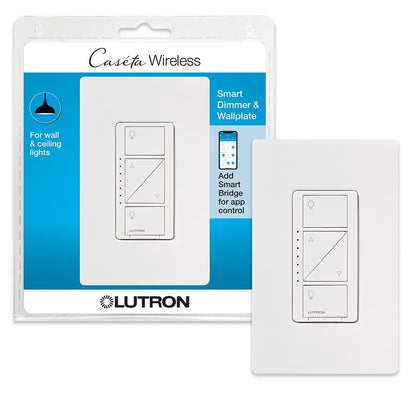 Lutron Caseta Original Smart Dimmer Switch With Wallplate (Lutron Smart Hub Required), for LED Lights, 150 Watt, Single-Pole/3-Way, No Neutral Required, PDW-6WCL-WH-A, White