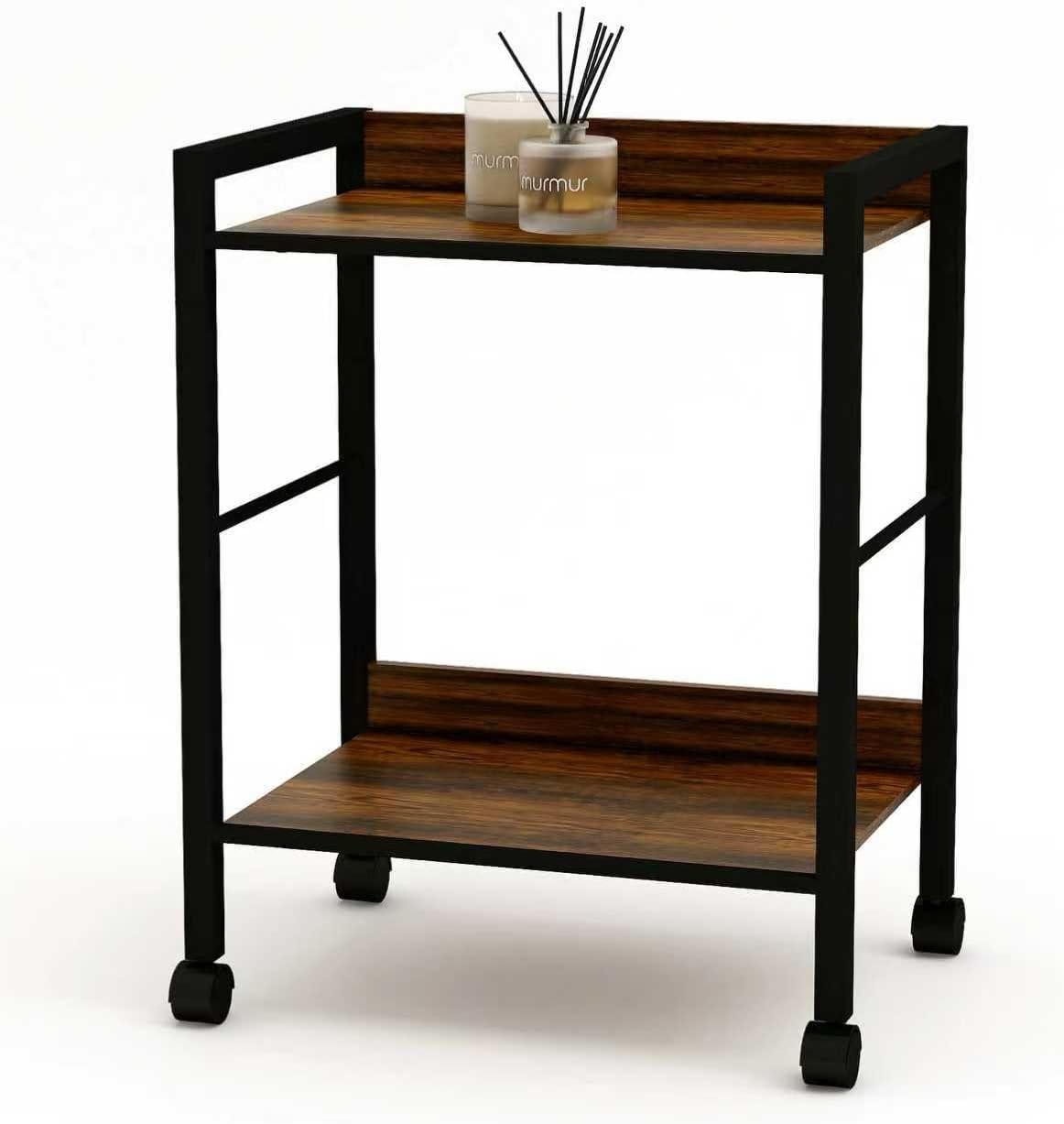 2-Tier Rolling Utility Cart Night Stand Organizer with Brown Wood Shelves and Black Metal Frame, End Side Table Storage