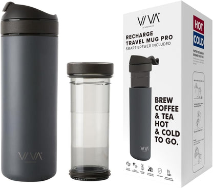 16 oz, VIVA Recharge Grey Insulated Tea & Coffee Mug & Travel French Press Coffee Maker, Brew & Drink From the Same