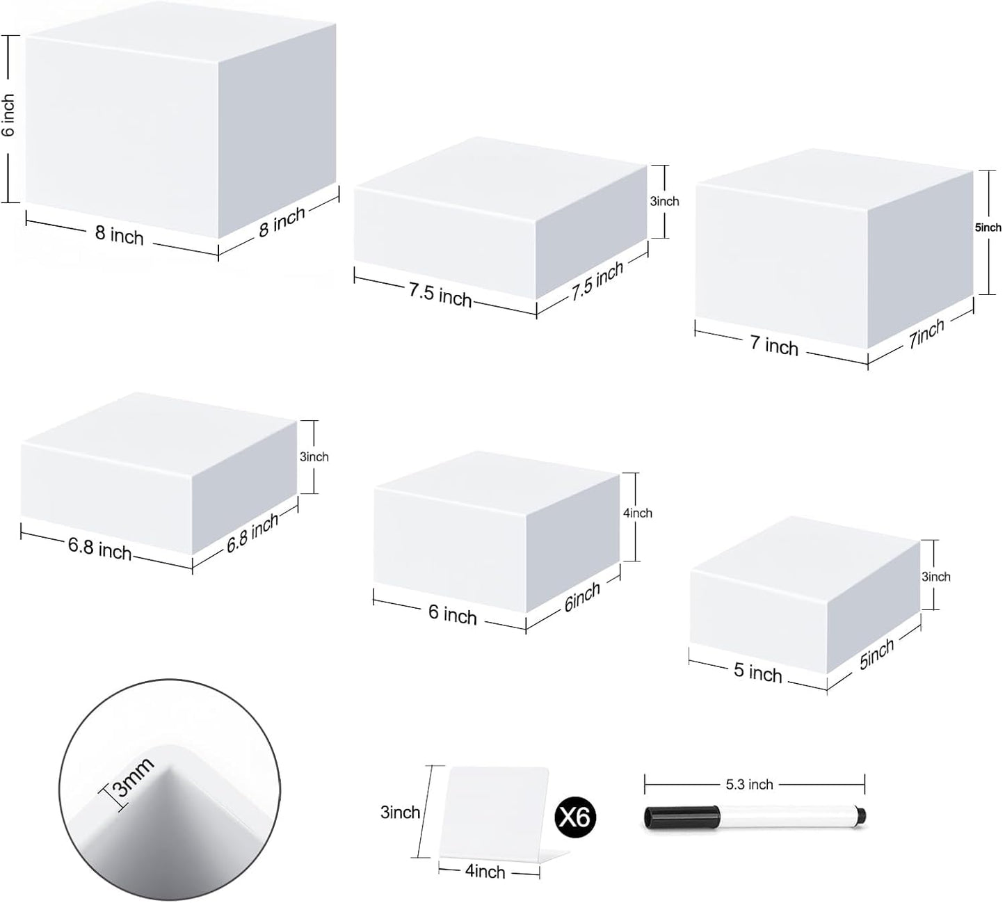 6 Pcs Buffet Risers, Acrylic Food Risers for Buffet Table, 6 Sizes (5x6x6.8x7x7.5x8 Inch) Display Stand Shelf for Party Catering Dessert Collectibles - Stackable Cube Boxes Display with Hollow Bottoms
