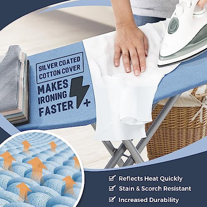 EASI Ironing Board Full Size 48" x 15" with Iron Rest, 7 Height Options 26" to 36", Foldable Iron Board with Removable Covers, Thick Padding and Heavy-Duty Steel Legs, Blue