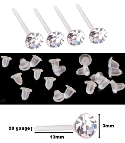 Set of 36 or 72 1/8 Crystal Stud Hypoallergenic Earrings; 18 or 36 Pairs on Plastic Posts