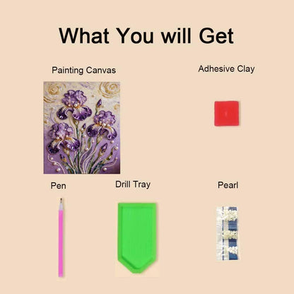 Mrchfr Purple Iris Pearl Painting for Adults Handmade DIY Self-Adhesive Bead Flower Painting for Beginners Pearl Mosaic Art for Home Office Bedroom Wall Art Without Frame 15.75x19.96inch(Style C)