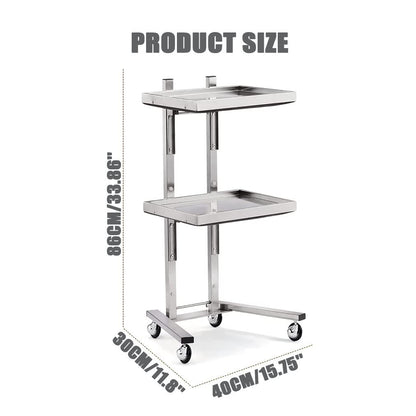 2-Tier Metal Rolling Cart, Stainless Steel Storage Trolley with Wheels, Utility Kitchen Stand for Bedroom, Salon, Tattoo Shop, and More