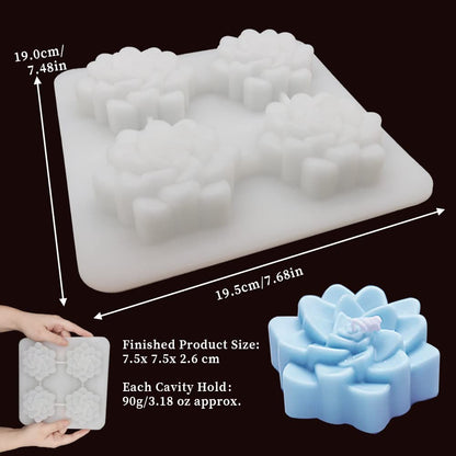 Succulent Silicone Mold, 4 Cavities Silicone Soap Mold, Succulent Plants Flower Mould for Soap Bath Bombs Candle Resin Concrete Crafts, Handmade Chocolate Cake Decor Dessert Biscuit Pudding Ice