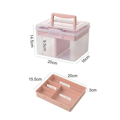 FOREVERIE Small Portable Plastic Storage Box for Beauty Ornaments Hair Nail Accessories, Cosmetic Case with Handle & Removable Tray & a Divider, Sewing Box Organizer, Kids Art Box (Clear & Pink)