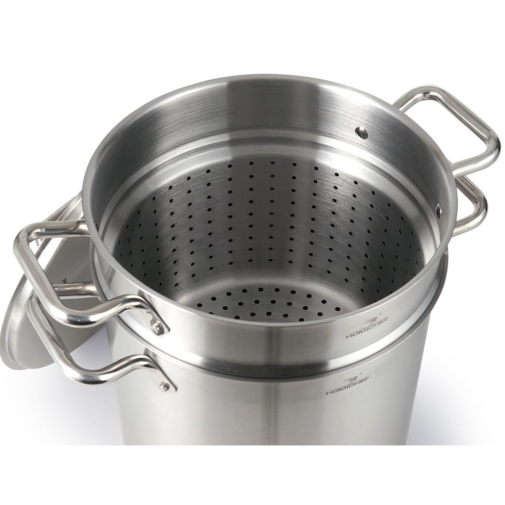 HOMICHEF 13 Quart Nickel Free Stainless Steel Pasta Pot With Strainer and Lid - Commercial Grade Stainless Steel Veggie Steam Baskets - Matte Polished 13 Quart Induction Steamer Pots Strainer Set