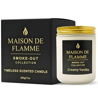 MAISON DE FLAMME Creamy Vanilla Odor-Eliminating Scented Candle, 200g/7oz White Jar – Long-Lasting Soy Wax Blend Candle for Smoke, Kitchen & Home Odors