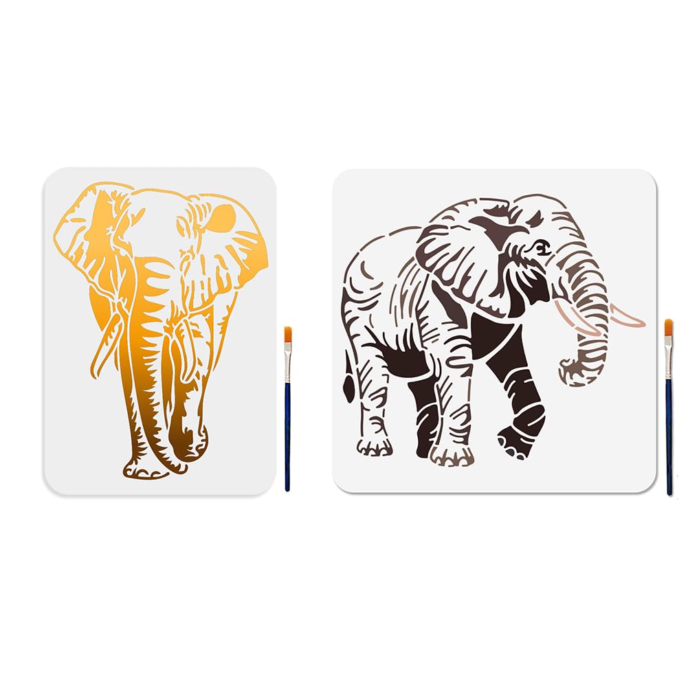 MAYJOYDIY 2 Sets Elephant Stencil 11.7×8.3/11.8x11.8inch Large Forest Animals Painting Stencil with Paint Brush Reusable Jungle Animal Drawing Templates for Wood Canvas Paper Fabric Wall Glass