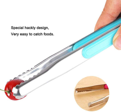 HANSA 2PCS Blue Color Stainless Steel Food Ice Tongs, 9 Inch BBQ Baking Utensils with ABS Handle & Silicone Brush