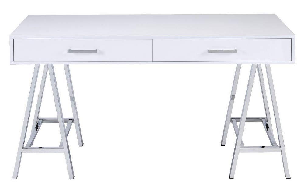 Acme Furniture Coleen Built-in USB Port Writing Desk in White High Gloss & Chrome Finish