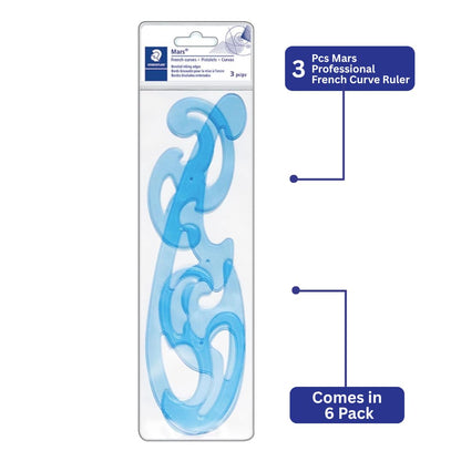 STAEDTLER Mars Professional French Curve Design Ruler Set for Pattern Making 12-Pack (6 Sets of 3 pcs), 3 Essential A B C Shapes, Blue Transparent Plastic with Inking Edge, 18 Count