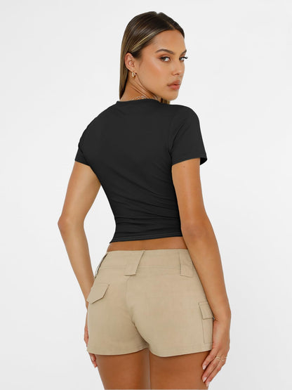 AUTOMET Womens Short Sleeve T Shirts Basic Summer 2025 Workout Tops Crew Neck Gym Crop Tops Trendy Y2K Clothes Black M
