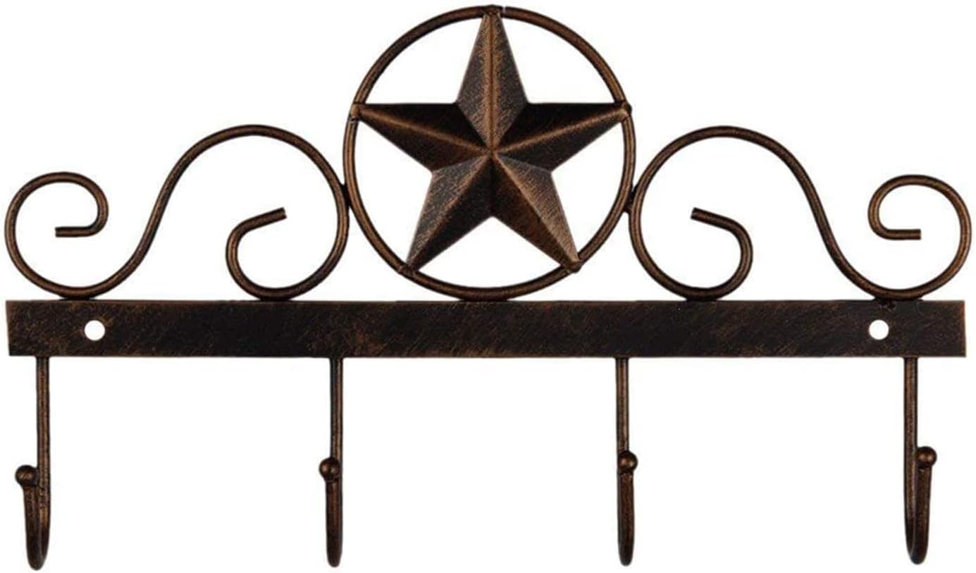 Metal Barn Star Key Rack Holder, Wall Mounted Decorative Key Holder with 4 Hooks, Dark Brown