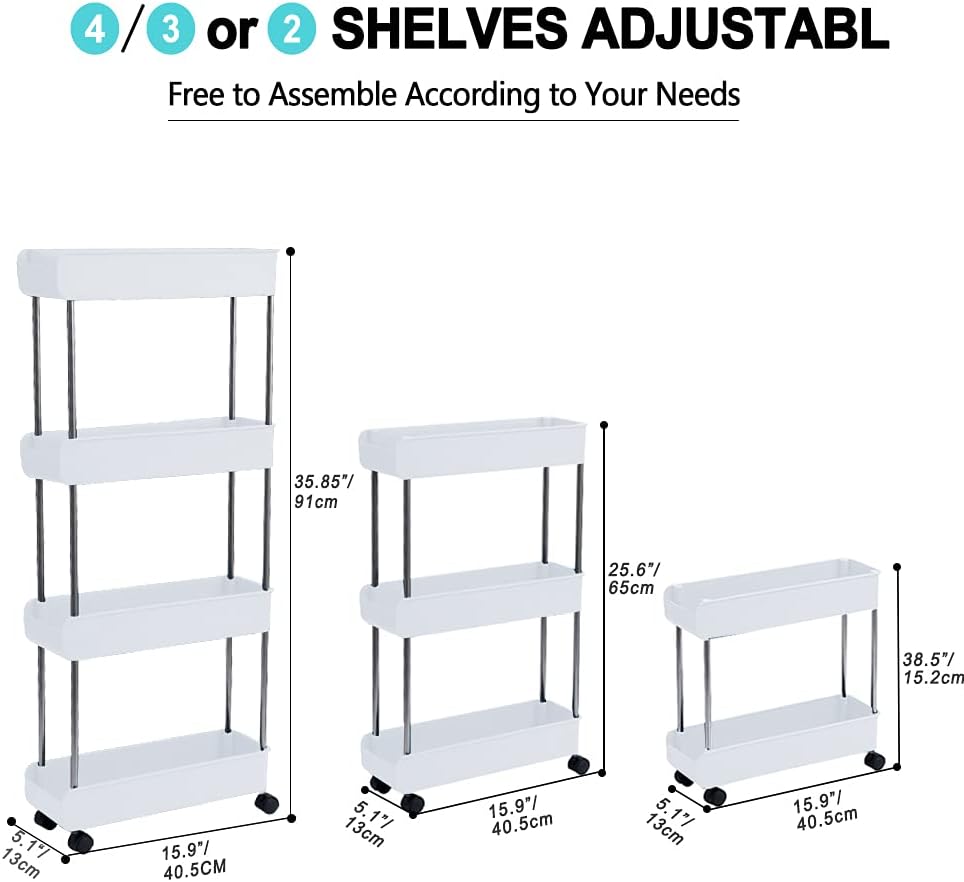 4-Tier Melody House Slim Mobile Shelving Unit on Wheels, Slide Out Rolling Bathroom Storage Organizer, Utility Carts