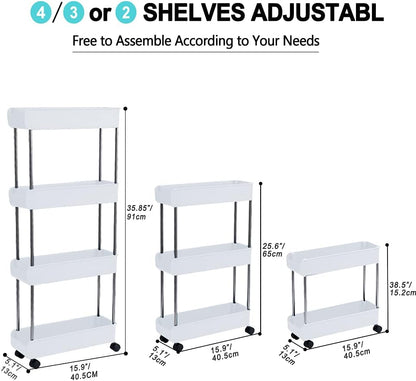 4-Tier Melody House Slim Mobile Shelving Unit on Wheels, Slide Out Rolling Bathroom Storage Organizer, Utility Carts