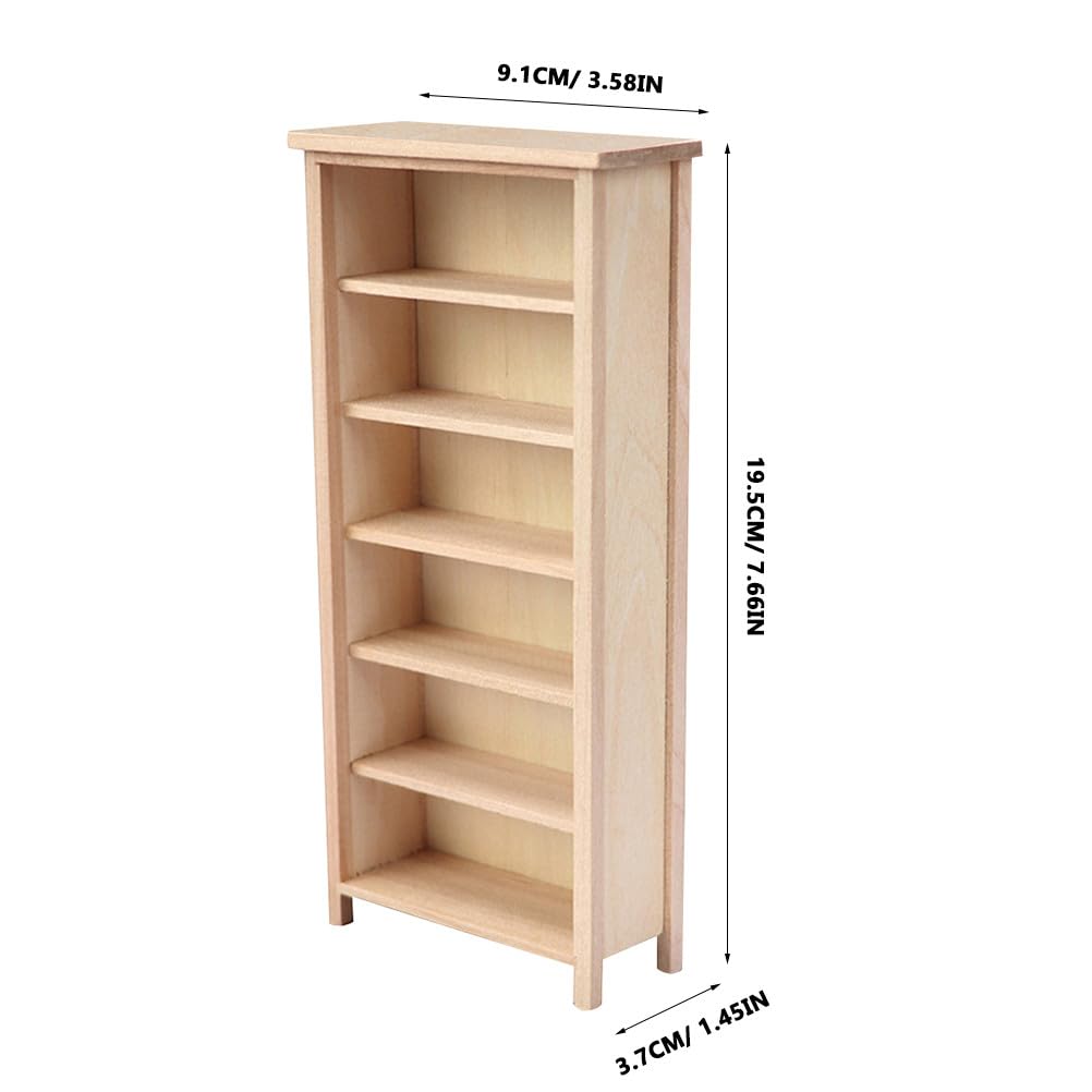 Angoily Mini Bookshelf, Dollhouse Bookcase, 1:12 Scale Doll House Furniture, Miniature Wooden Storage Cabinet Model, Unfinished Wood Library Shelving Scene, DIY Accessories for Room Display Collection