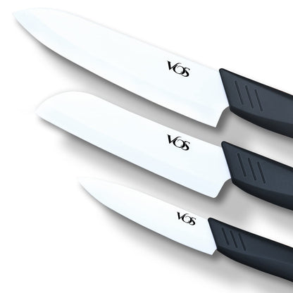 Vos Ceramic Knife Set in Elegant Gift Box, Ceramic Knives Set For Kitchen, Ultra Sharp Kitchen Knife Set with Covers, 4" 5" 6" Paring, Santoku & Chef Knife, Lightweight, Dishwasher safe (Black Handle)