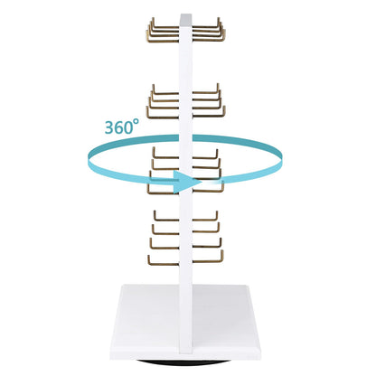 MOOCA Wooden Rotating Two-Sided Jewelry Display Stand, Rotating Organizer with 32 Long Hooks for Store, Keychain Earring Display, White color, 9.1W x 7.5 D x 17.1 H in