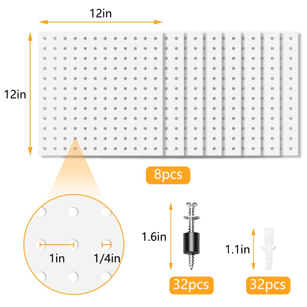 BELLO YON 8Pcs Pegboard, Peg Board, Metal Pegboard Wall Organizer Panels Accessories, Mount Display Pegboard Kits for Walls Garage Craft Room Office Workshop, Easy Installation (White)