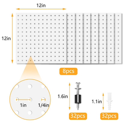 BELLO YON 8Pcs Pegboard, Peg Board, Metal Pegboard Wall Organizer Panels Accessories, Mount Display Pegboard Kits for Walls Garage Craft Room Office Workshop, Easy Installation (White)
