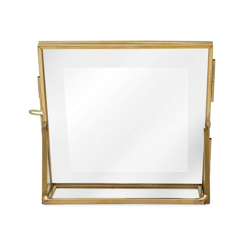 Isaac Jacobs 4x4, Antique Gold, Vintage Style Brass and Glass, Floating Photo Frame, Metal, with Locket Closure and Angled Base, for Pictures, Art, Mementos, Keepsakes (4x4, Antique Gold)