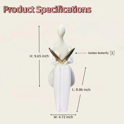 Lescafita White Abstract Sitting Figurine with Gold Butterfly Modern Shelf Sitter Sculpture for Home Decor, Minimalist