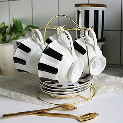 Black and White Retro Series Coffee Cup and Saucer Set - European Striped Polka Dot Mug Cake Plate