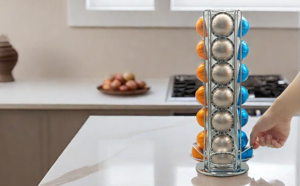 Coffee Capsule Holder for Nespresso Vertuoline, Rotating Pod Rack Holds 28 Nespresso Vertuo Pods (Silver)