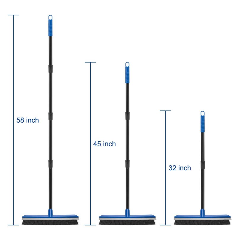 16 Inch 2-in-1 Squeegee Push Broom Outdoor Deck Brush 58" Long Handle for Patio Garage Warehouse Driveway Concrete Floor Cleaning Scrubbing(Blue)