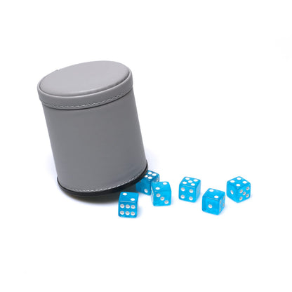 RERIVER Leatherette Dice Cup Set Lake Blue Velvet Interior Quiet in Shaking with 6 Matching Translucent Dot Dice for Liars Dice Farkle Yahtzee Board Games, 1 Pack