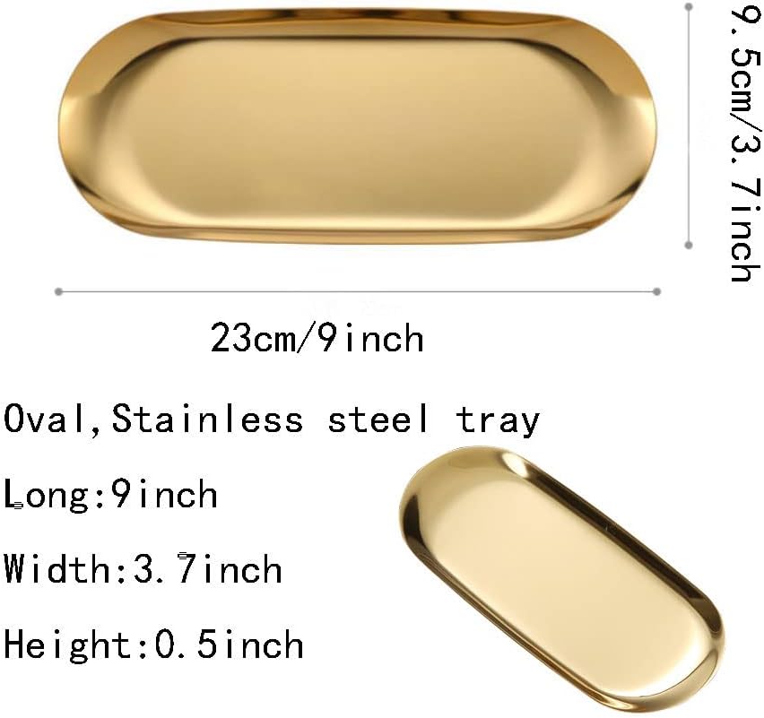 Gold Tray 2 Pack, Stainless Steel Decorative Tray for Bathroom, Jewelry, Vanity Storage, 9 Inch-Oval