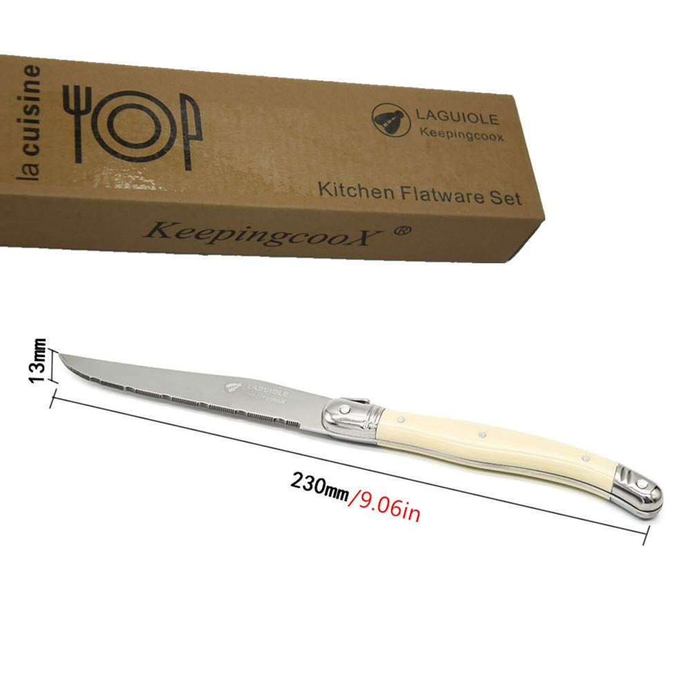 KeepingcooX® Laguiol-style Steak Knife, Ivory Handle, Serrated Blade, Stainless Steel Dinnerware/Tableware/Flatware/Cutlery Set of 6, Gift Box, Reputable Global Manufacturer with Certificate