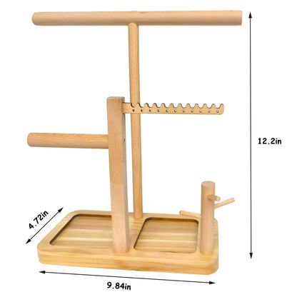 NUEKOELY Solid Wood Jewelry Tower Organizer - 3-Tier Tree Holder Stand with 11 Earring Holes, 2 T-bar for bracelets Necklace or watches, Ring Tree & Display Tray (natural wood)