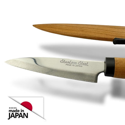 Japanese Paring Knife 4-Inch, High Carbon Stainless Steel Fruit Knife with Wooden Handle and Sheath, Small Utility Kitchen Knife for Peeling, Coring, Mincing, Made in Japan
