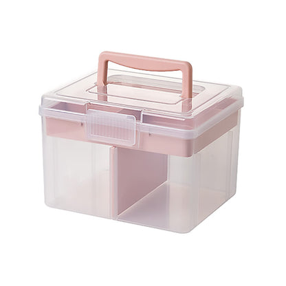 FOREVERIE Small Portable Plastic Storage Box for Beauty Ornaments Hair Nail Accessories, Cosmetic Case with Handle & Removable Tray & a Divider, Sewing Box Organizer, Kids Art Box (Clear & Pink)