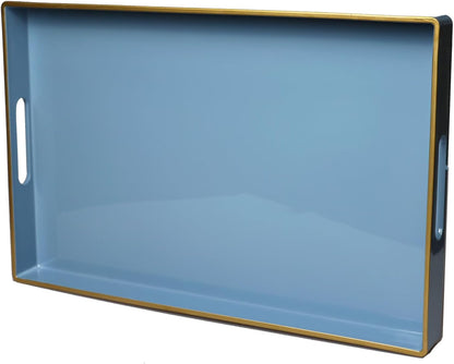 15.6" 10.2" Spsyrine Blue Decorative Serving Tray with Handles, Elegant Plastic Coffee Table Tray for Ottoman, Living