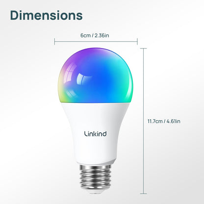 Linkind Matter Smart Light Bulb, Smart Bulbs Work with Apple Home, Siri, Alexa, Google Home, SmartThings, Color Changing Light Bulbs Music Sync RGBTW, Mood Lights, 2.4Ghz WiFi A19 E26 60W 800LM 6 Pack
