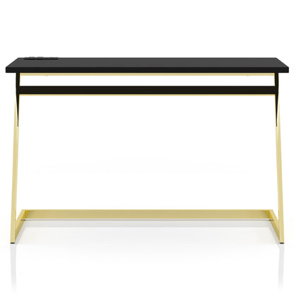 24/7 Shop at Home Ruthetta Modern Metal Writing Desk with USB Port, Power Outlet for Workstation, Home Office, Study Room, Glossy Black and Brass