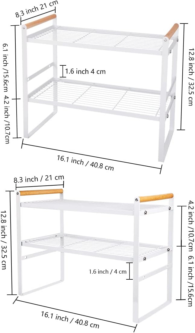 Kitchen Counter Shelf, 2 Tier Space Saving Organizer with Wood Handle, 16.1 x 8.3 x 12.8 Inches (White)